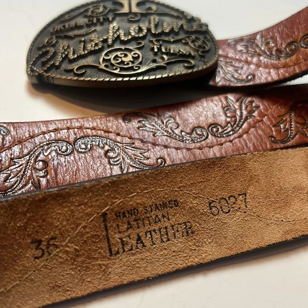 leather tooled belt with buckle hand stained latitan sz 36 western cowboy rodeo